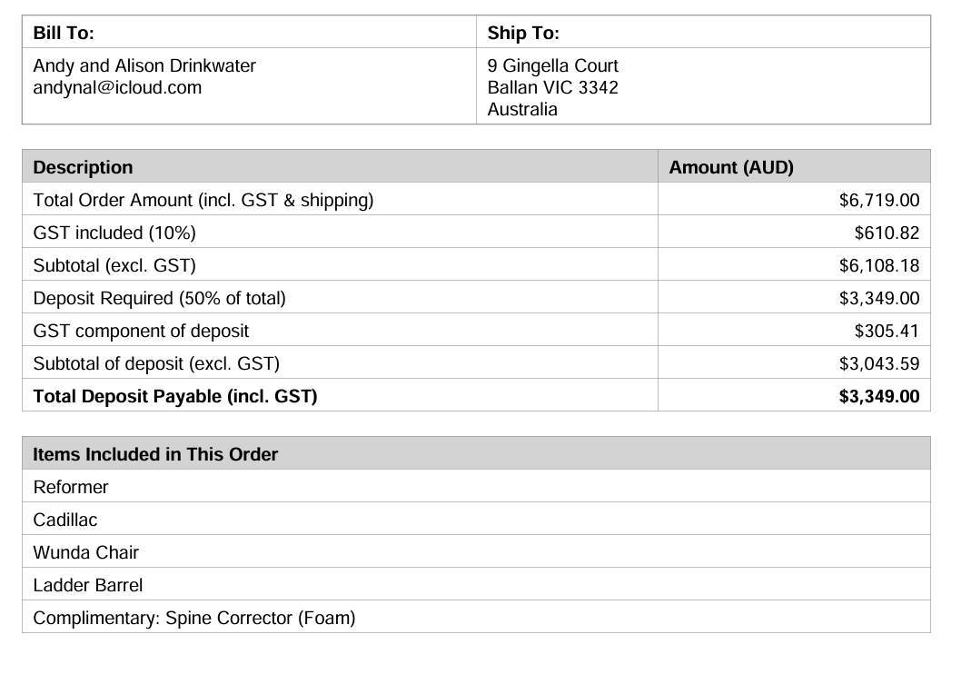 Studio Package order for Alison Drinkwater (50% DEPOSIT)